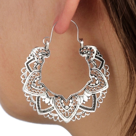 GlitzBlitz Boutique Jewelry - Any 2/$20! Silver Filagree Boho Hoop Earrings